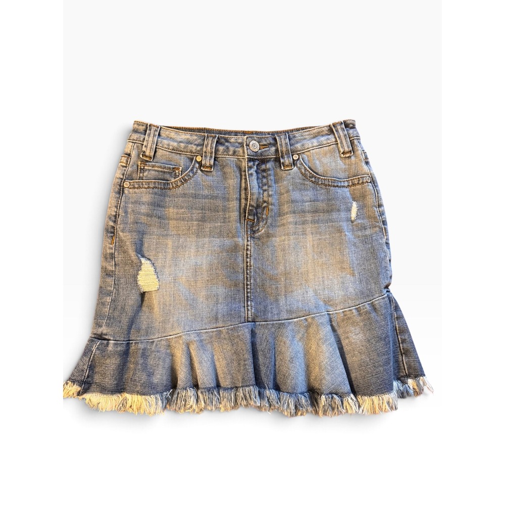 Rock and Roll Cowgirl Women Distressed Ruffle Hem Denim Mini Skirt 26 69-5273